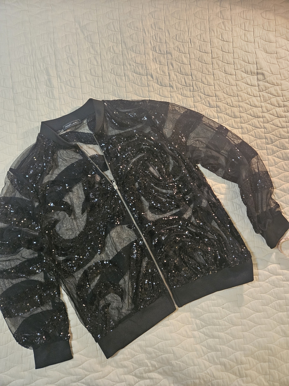 Black Sheer Bomber Jacket Black Swirl Sequins Pattern Zip Festival Glam Goth Y2K